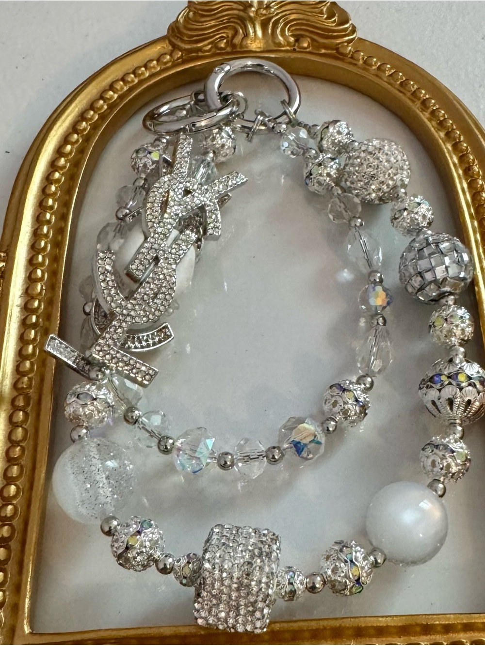 New Silver & White Crystal Beaded Phone Chain/Bag Chain